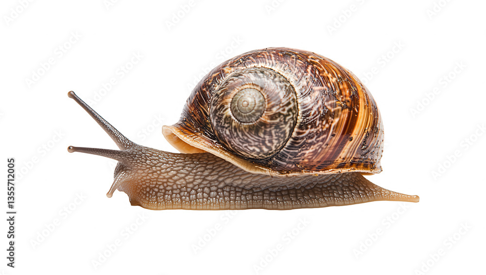 Poster close-up of a snail with a beautifully patterned shell resting on a white background highlighting it