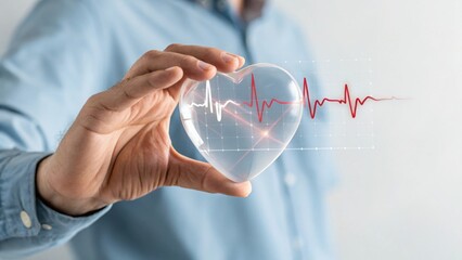 Man Holding Transparent Heart Shape Symbol with Heartbeat Line Displayed, Representing Health, Wellness, and Medical Care Concept for Stock Photo Collection