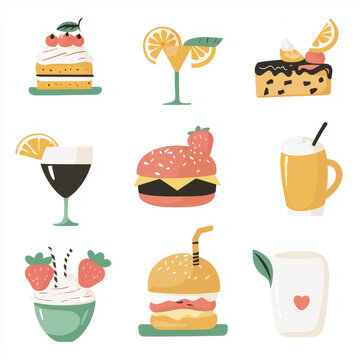 Sweet and savory treats: cakes, burgers, drinks, and more