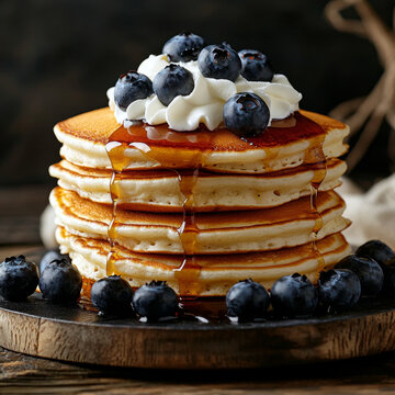 Stack of fluffy pancakes, topped with whipped cream, blueberries, and syrup