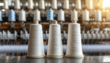 Yarn Spools on Industrial Spinning Machine. Thread Production Line in Factory. Textile Making Process. Bright Sunlight