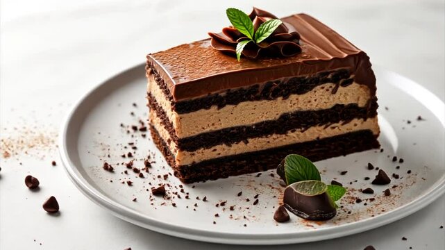Square piece of chocolate cake with mint leaf on white background with copy space. Delicious dessert on a plate