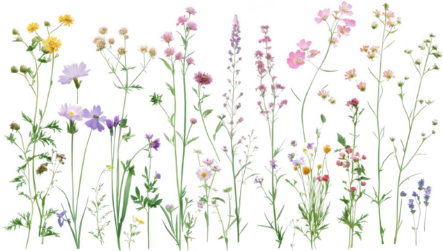 various wildflowers showcasing their delicate forms and vibrant colors arranged in a visually appealing manner it serves as a representation of natural beauty and biodiversity