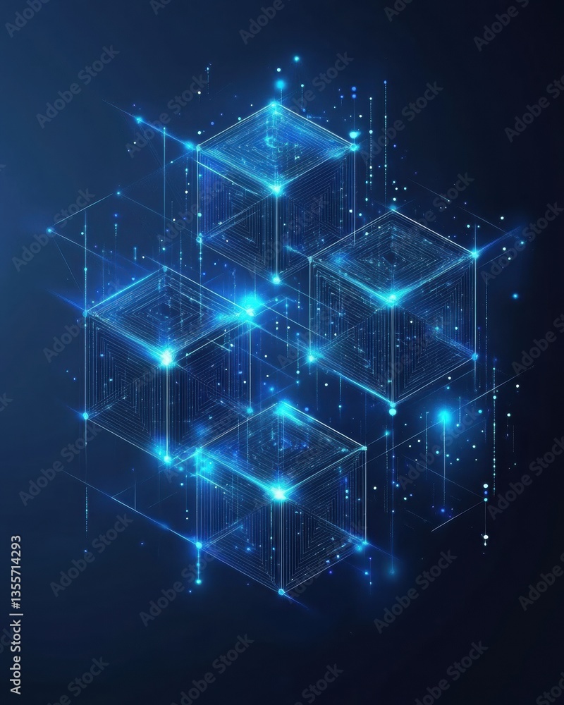 Poster High-tech blockchain concept with interconnected nodes and glowing layers in a futuristic digital style Generative AI