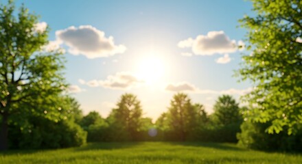 Fototapeta premium Green Meadow Landscape at Sunset with Trees and Bright Sunlight