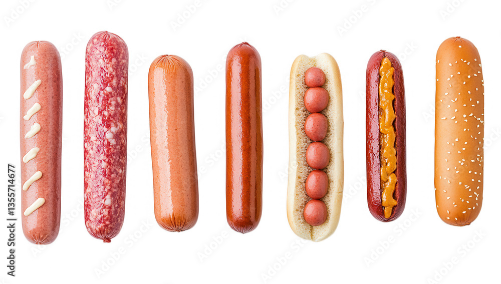 Poster a variety of hot dogs arranged in a row displaying different types and toppings emphasizing their di