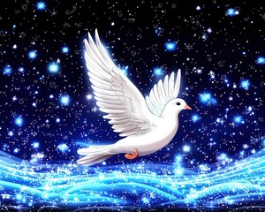 Fototapeta premium White Dove Soaring in Night Sky with Sparkling Light Effects