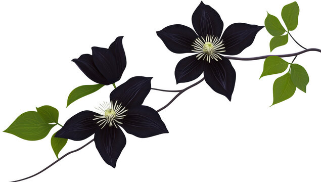 a stylized illustration of black flowers with intricate petals and a central cluster of stamens accompanied by green leaves creating a striking and elegant botanical design