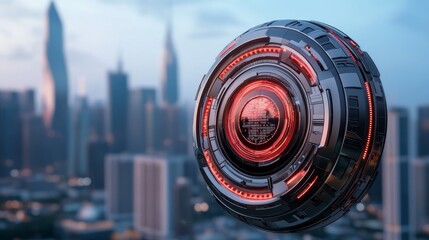 Futuristic Metallic Sphere Glowing Red Core Over Cityscape at Dawn
