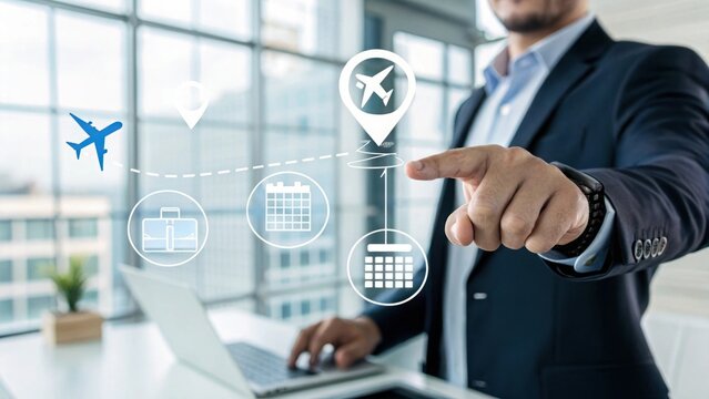 Businessman working on travel planning with laptop, airline icons, calendar, and location markers in modern office environment