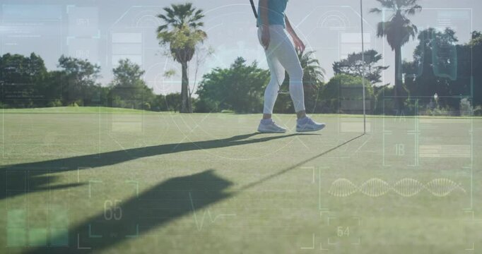 Golfer placing ball on green with data processing animation overlay - Powered by Adobe