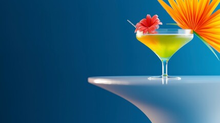 Tropical Cocktail  Summer Drink   Exotic Flower Garnish  Blue Background  High Resolution