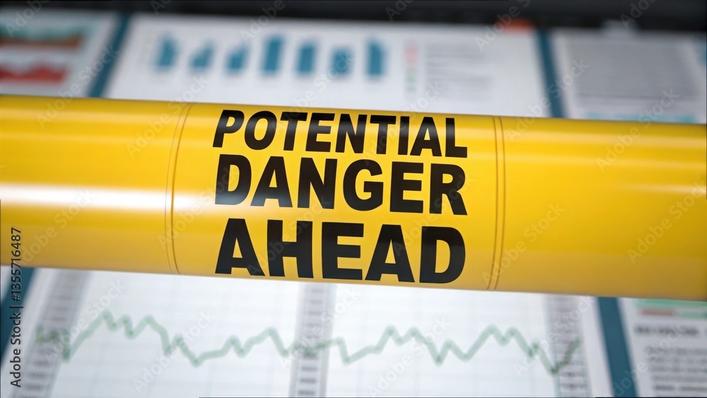 Poster Caution Tape with Warning Text over Economic Data and Statistics
