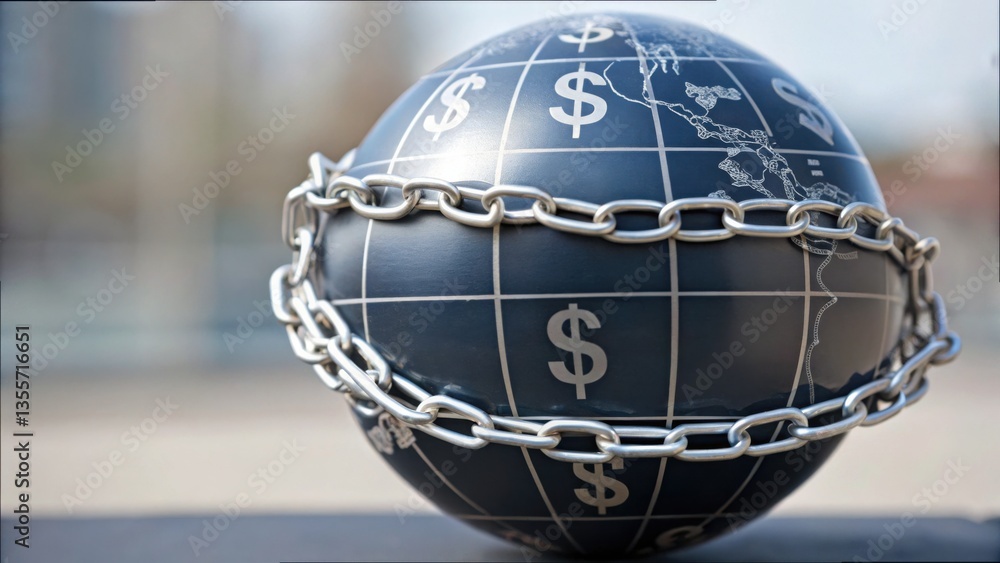 Poster globe wrapped with chains and dollar signs representing money and security