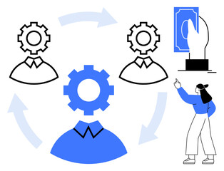 Three gear-head figures linked by circular arrows, a hand holding currency, and a pointing woman. Ideal for collaboration, communication, business process, finance, leadership, innovation teamwork