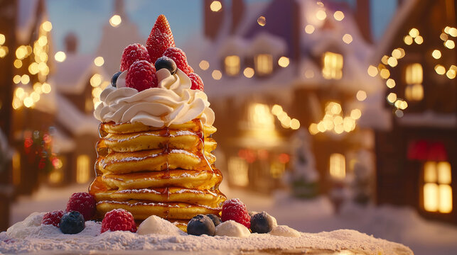 Berry-topped pancake stack with whipped cream, drizzled syrup, snowy village background