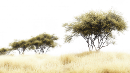 a serene landscape featuring several trees amidst tall golden grass creating a tranquil and minimalist atmosphere the soft muted colors evoke a sense of calm and natural beauty