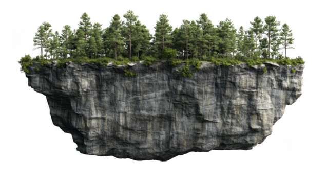 a floating rock formation with a dense cluster of evergreen trees on top creating a surreal and imaginative landscape
