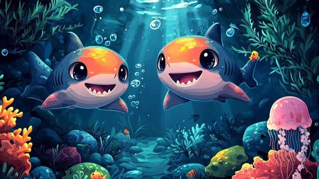 Two cartoon baby sharks were shown swimming in coral reef. Sea life concept