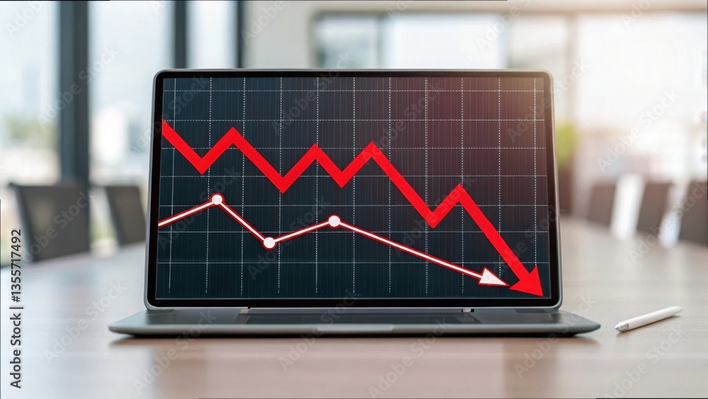 Poster financial graph with red arrows indicating downward trends in data