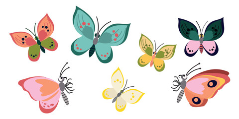 Set collection of spring Easter summer butterflies icons clipart on white background