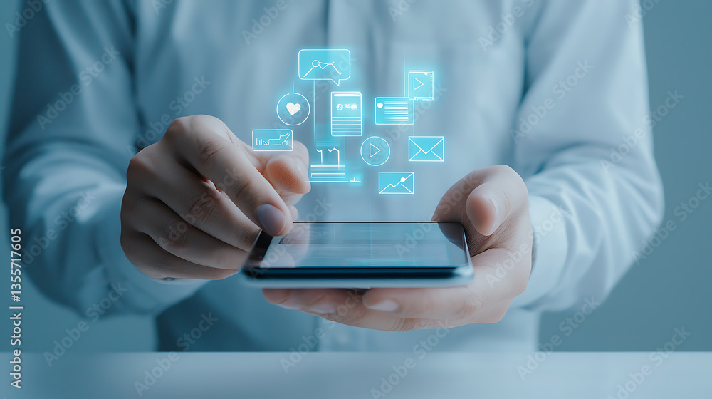 Poster digital communication features business office mobile interaction modern workspace user-centric tech