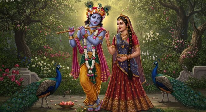 Naklejki Krishna and Radha Romantic Garden Painting