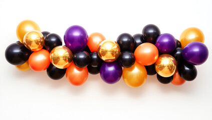 Obraz premium Colorful balloon arch on a white background, with a Halloween color palette of purple, orange, black, and gold balloons arranged in a garland for party decoration.