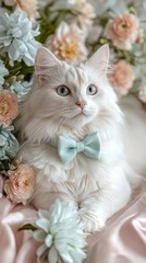 A white fluffy cat wearing mint bowtie surrounded by pastel flowers lying on soft pink fabric background
