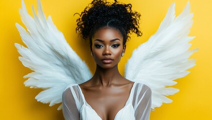 A young Black woman with an angelic look, wearing white feathered wings against a vibrant yellow backdrop.