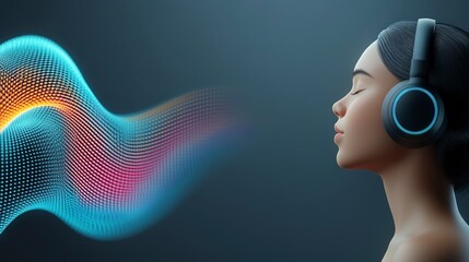 Serene Woman Listening to Music  Abstract Sound Waves  Digital Art