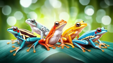 Naklejka premium Colorful Rainforest Frogs Vibrant Amphibians on Leaf