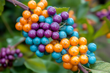 Colorful berries of the Ashoka tree, orange and blue-colored flowers in a garden background.