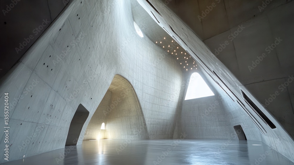 Aufkleber modern concrete building interior with abstract architecture, light streaming through high windows.