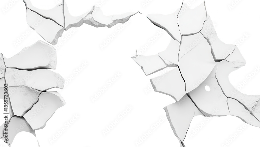 Poster a cracked white wall with a large hole in the center creating a stark contrast against the smooth su