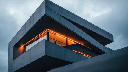 Fototapeta premium Modern concrete building with geometric design and warm interior lighting.