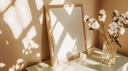 Minimalist Interior Photography Featuring Empty Frame and Cotton Flowers with Soft Natural Light
