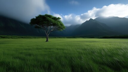Solitary tree in a vast green meadow, under a partly cloudy sky, with distant mountains. Lush landscape