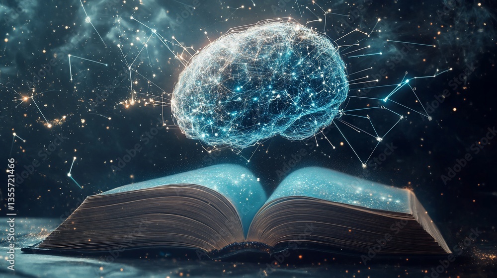 Poster an opened book with a glowing brain above it, with constellation lines and stars in background