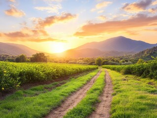 Fototapeta premium Serene sunset over rural landscape.