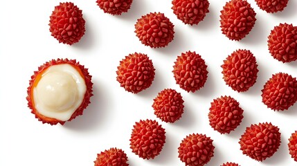 Vibrant Fresh Lychee Fruits with Spiky Red Skin and Creamy White Flesh on White Background