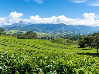 Serene tea plantation landscape, mountains.