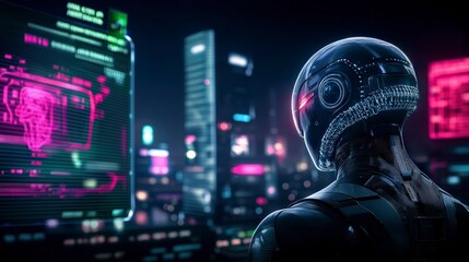 Futuristic Cyborg in Neon Cityscape  AI  Technology  Cyberpunk  Sci Fi