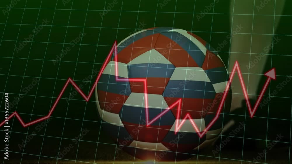 Poster animation of soccer ball with fluctuating red graph line on green grid background