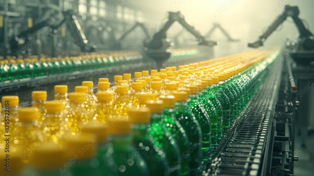 Poster automated production line bottling beverages factory industrial process modern environment dynamic v