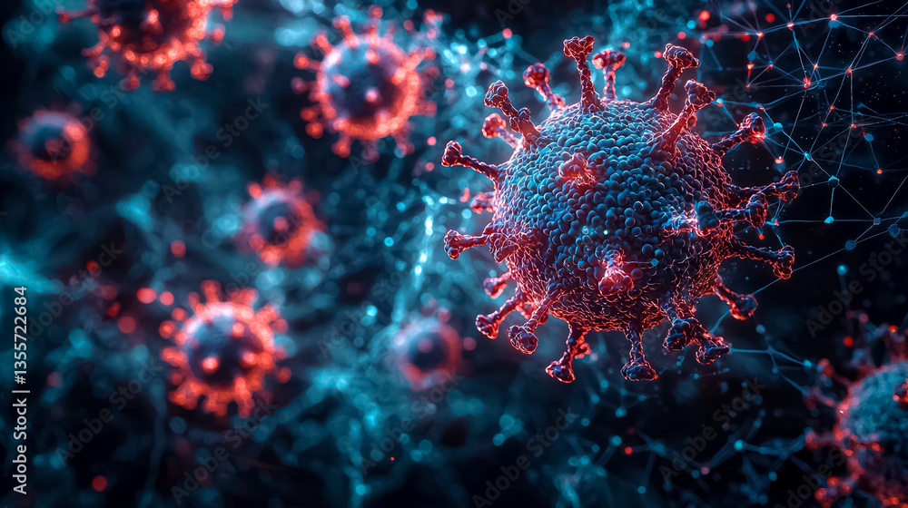 Aufkleber digital close-up of colorful virus particles in a molecular structure representing infection and dis