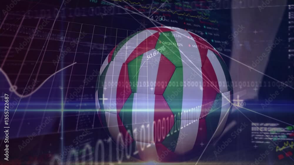 Poster animation of volleyball with financial data and binary code in school setting