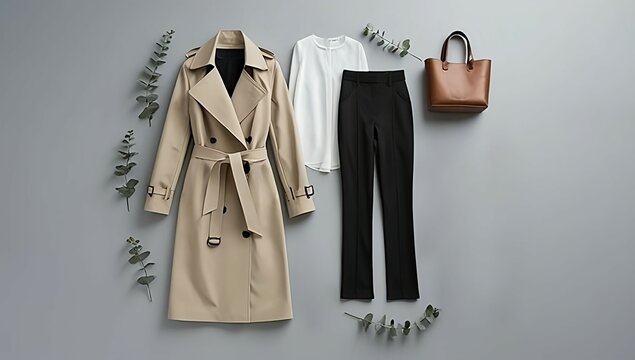 modern fashion outfit for a woman to wear to work, with a tailored beige trench coat, white blouse, black cropped pants, and a leather tote, neatly arranged in a flat lay