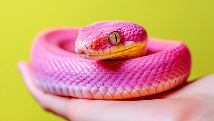 Fototapeta premium Pastel pink snake coiled gently in a hand against a vibrant yellow background. A captivating contrast of colors and textures.