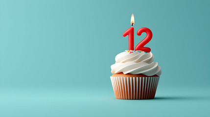 Red Number Twelve Candle on a White Frosted Cupcake Against a Teal Background